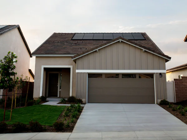 Suburban home with solar panels